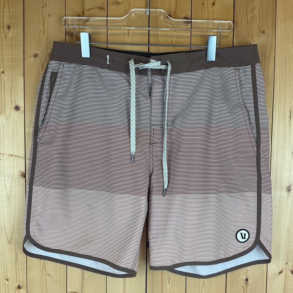 Men's Vuori Drawstring Swim Trunks, Maroon/Brown Stripes- Size 32